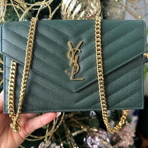 Yves Saint Laurent Dark Green Quilted Clutch with Gold Chain